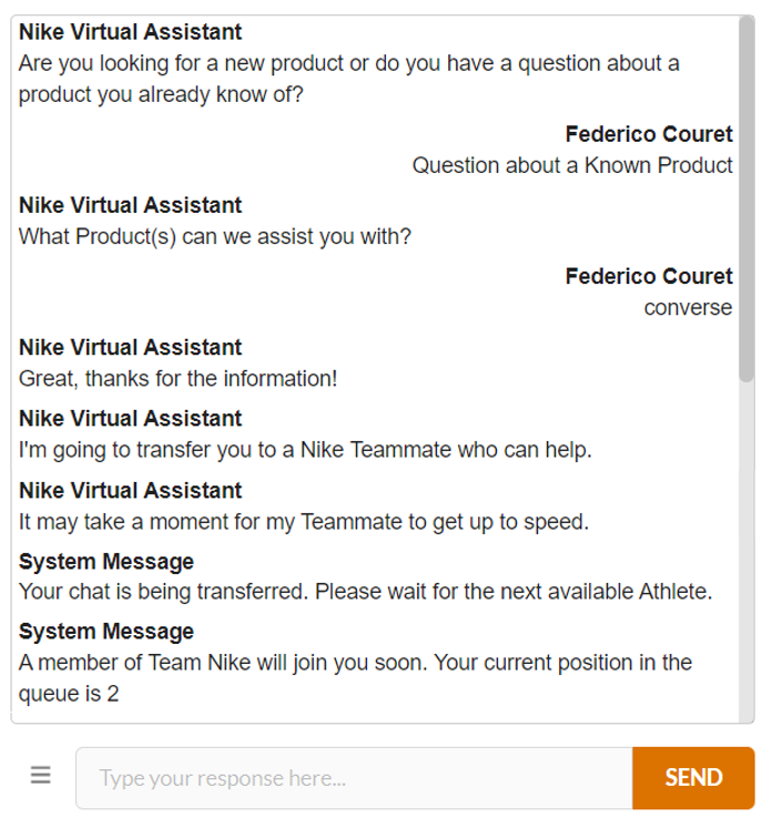 Nike chat-bot and virtual assistant